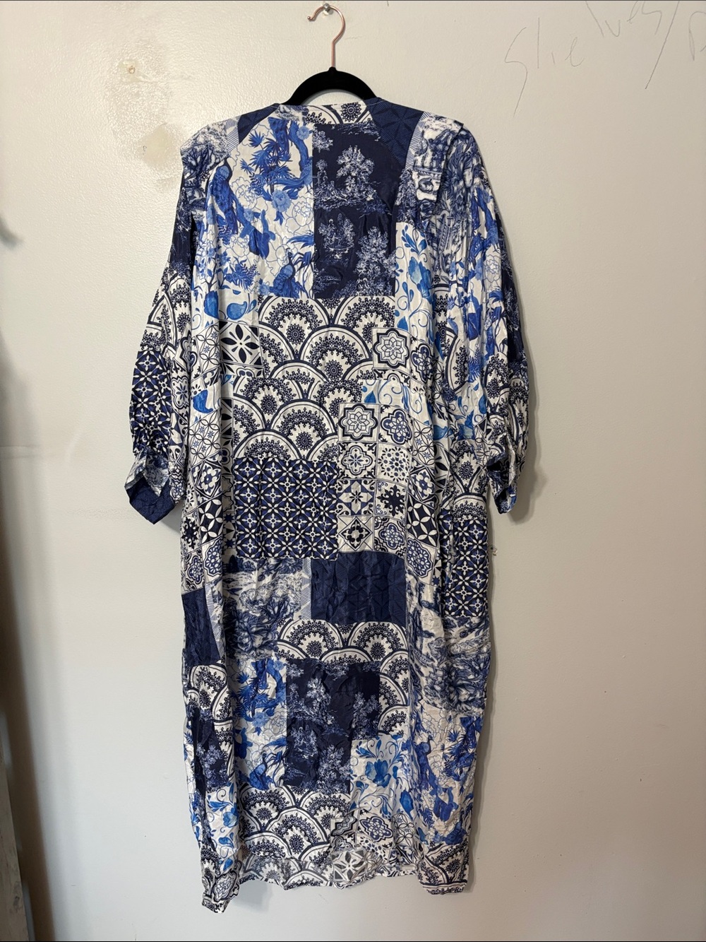 NOEN Blue White Patchwork Print Viscose Tunic Dress US 18 Boho - Picture 6 of 6